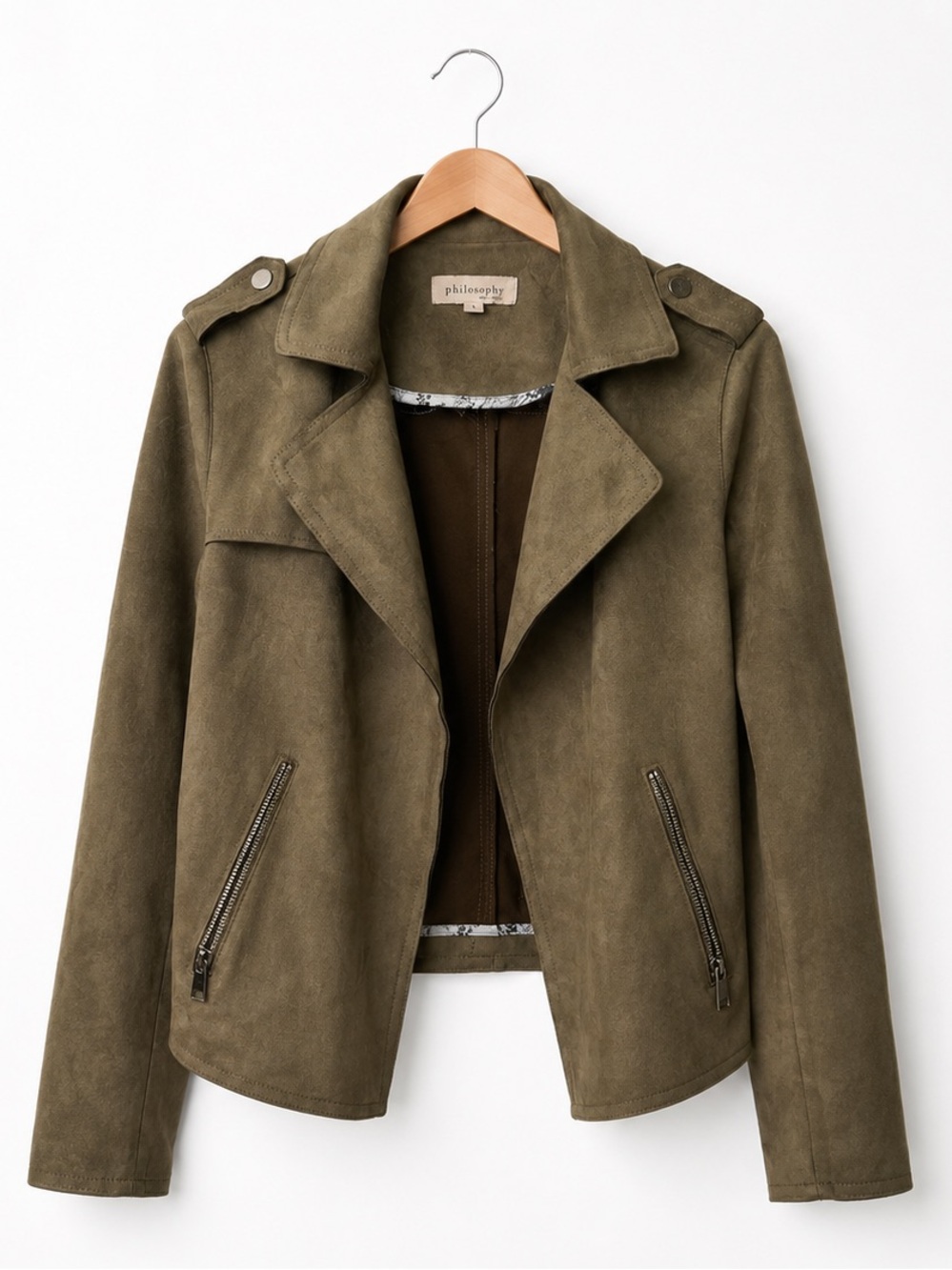 Philosophy Olive Suede Faux Leather Moto Jacket Size S